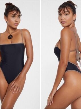 SoSo Swim Bandeau Cut One-Piece Swimsuit Black with Brown Trim XS